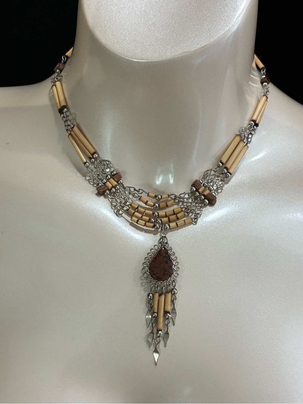 Handcrafted Brown Bamboo Dainty Beaded  Statement Drop Necklace with Natural Gem